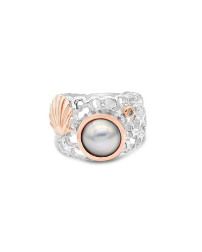 Ocean's Coral Coastline Ring - Pearl and Champagne Diamond - Sterling Silver