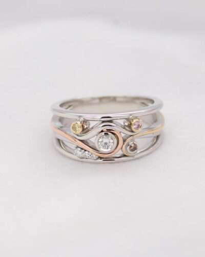 Latitude Diamond Slim Swirl Ring Yellow, Champagne and Pink Diamond - 9ct White Gold