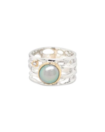 Oily Calm Coral Ring with Black Pearl and Diamond - Sterling Silver
