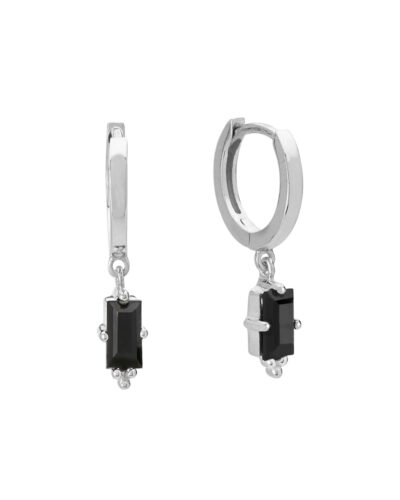 Huggies with Hanging Black Spinel Baguette - Sterling Silver