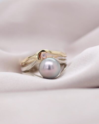 Island Bound Wave Ring with Pink Diamond and Pearl - 9ct White & Yellow Gold