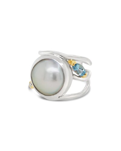 Open Lexi, Diamond and Aquamarine Ring - Sterling Silver