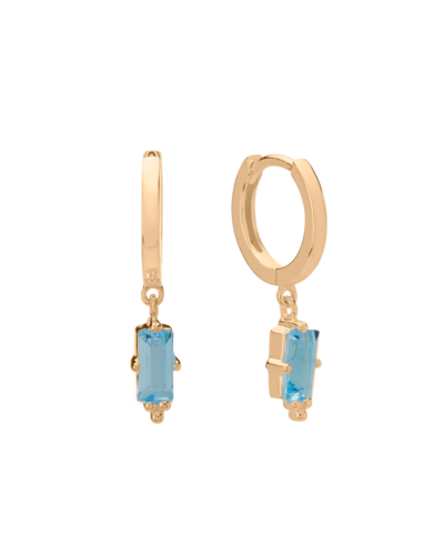Huggies with Hanging Blue Topaz Baguette - Yellow Gold