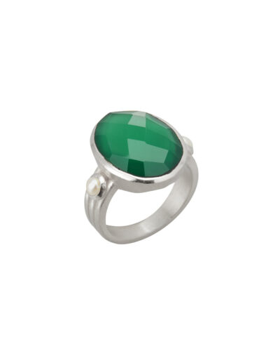 Green Onyx & Pearl Ring - Sterling Silver