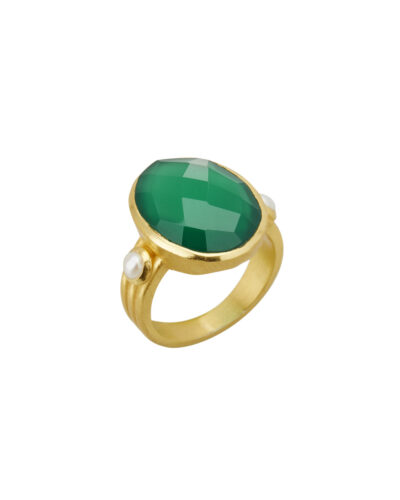 Green Onyx & Pearl Ring - Yellow Gold