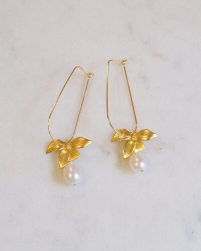 Floral Pearl U Hoop Earrings - Gold Filled