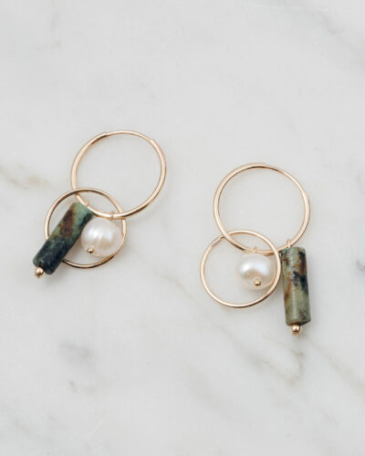 Pearl and Jasper Cluster Hoops - 14k Gold Filled