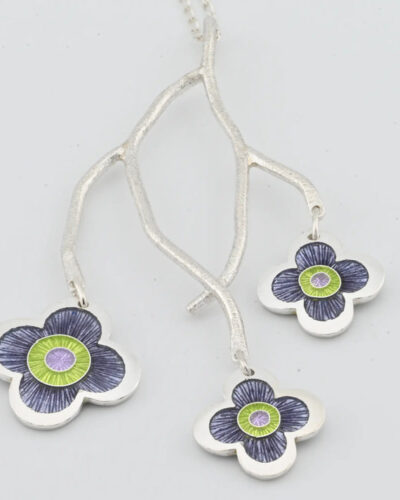 Enamel Lilac Branch Pendant - Fine Silver