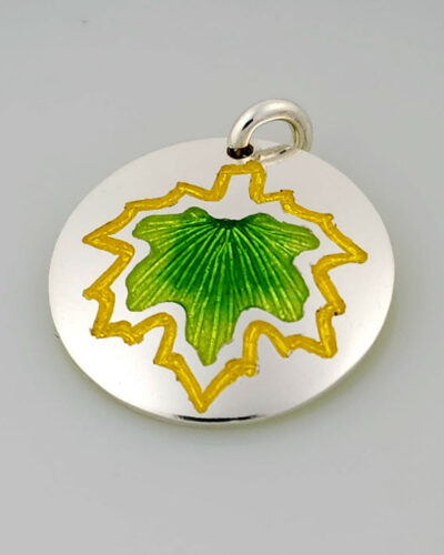 Green Maple Leaf Champleve Enamel Pendant - Fine Silver