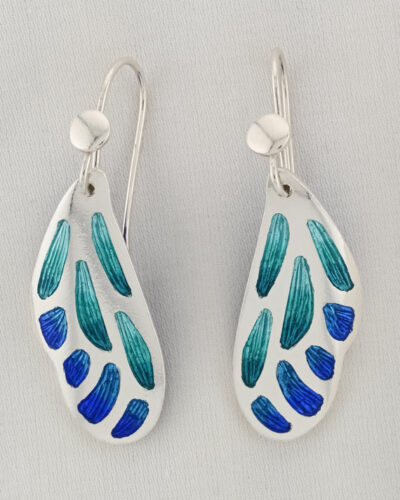 Aqua Blue Butterfly Wing Champleve Earrings - Sterling Silver