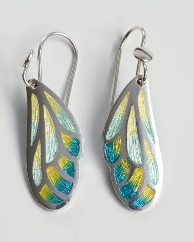 Aqua Yellow Wing Champleve Earrings - Sterling Silver