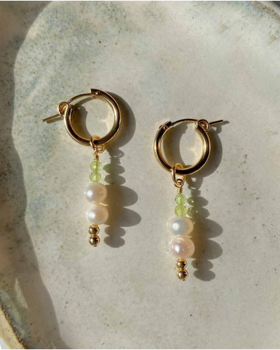 Peridot & Pearl Huggie Earrings - 14K Gold Filled
