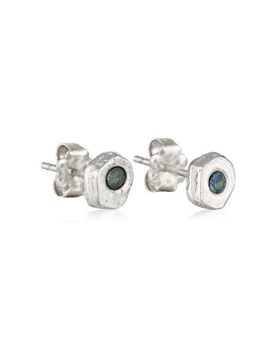Single Stone Bubble Stud Earrings - Sterling Silver, Teal Sapphire