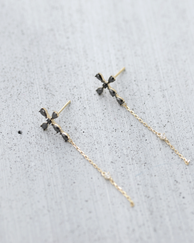Black Cross Drop Earrings - 14K Gold