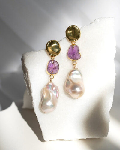 Amethyst Birthstones x Pearls Earrings (February) - 24k Gold Plated