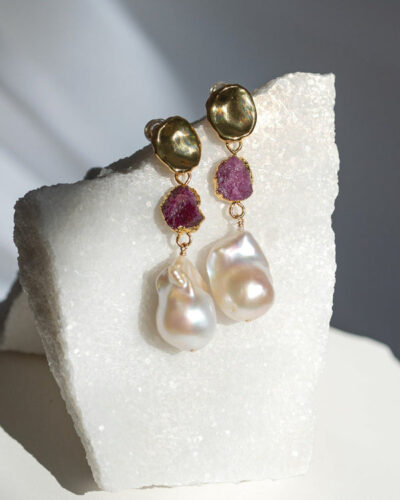 Ruby Birthstones x Pearls Earrings (July) - 24k Gold Plated