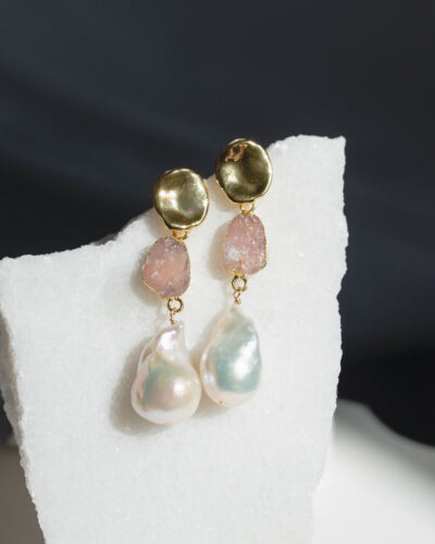 Rose Quartz Birthstones x Pearls Earrings (October) - 24k Gold Plated