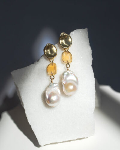 Citrine Birthstones x Pearls Earrings (November) - 24k Gold Plated