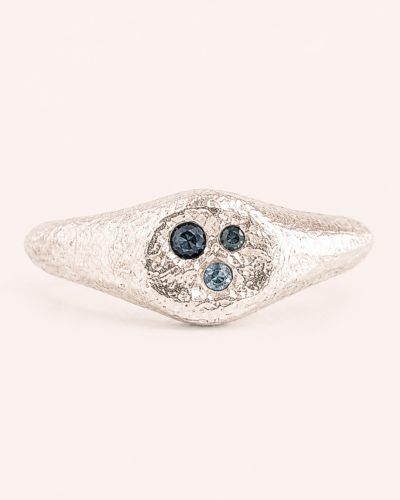 Omni Signet Ring - Sterling Silver, Three Stone Teal Sapphire